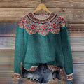 Retro Colorful Lotus Pattern Jacquard Crew Neck Sweater elevenforest