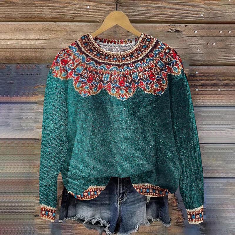 Retro Colorful Lotus Pattern Jacquard Crew Neck Sweater elevenforest