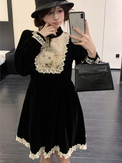 Y2k Patchwork Velvet Mini Dress Long Sleeve Princess Party Dress A-line Autumn Spring French Prom Vestidos New