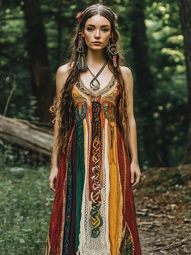 Boho Vintage Viking Totem Women's Linen Halter Dress elevenforest