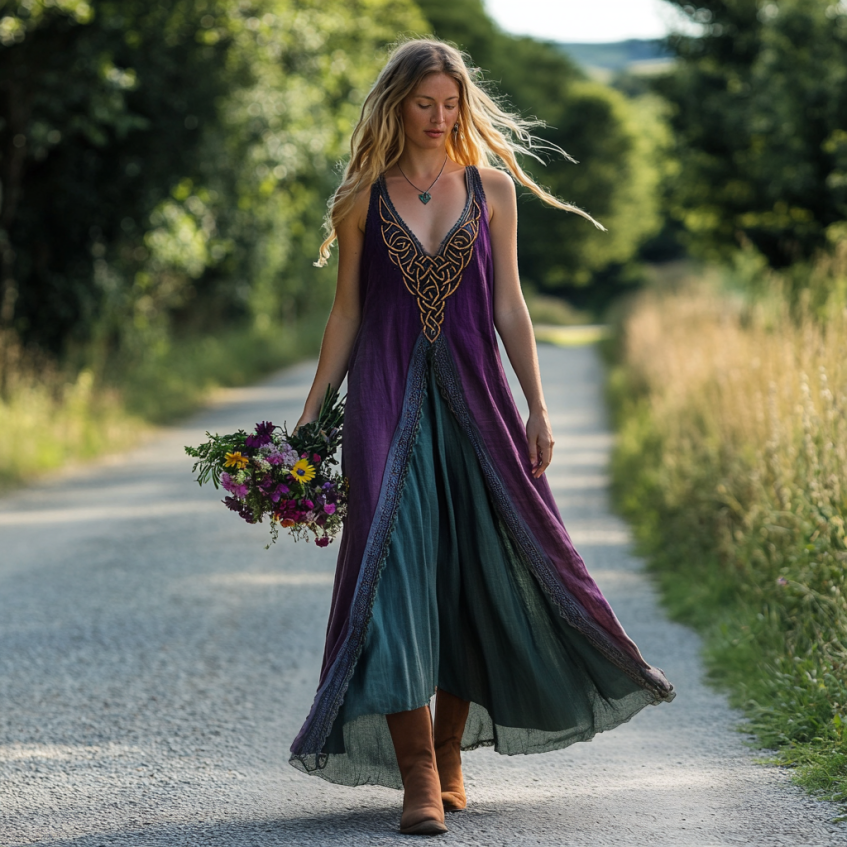 Vintage Viking Tribal Celtic Knot Embroidery Gradient Art Linen Tank Dress elevenforest