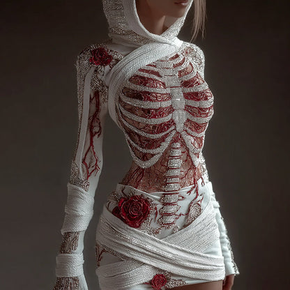 Women's Skeleton Roses Bandages Art Cozy Knit Hooded Mini Sweater Dress artswardrobe