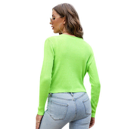 ’s Color Long Sleeved Knitted Cardigan – V Neck, Single Breasted, Small High Waist, Outer Wear