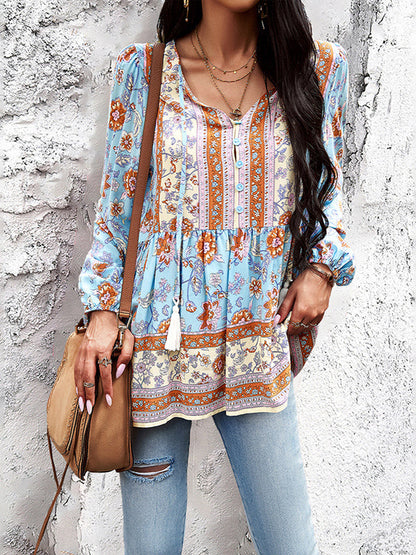 Long Sleeves Loose Buttoned Elasticity Flower Print Split-joint Tasseled V-neck Blouses&shirts Tops