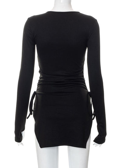 Mall Gothic Drawstring Bodycon Mini Dresses Y2k Punk Black Split Long Sleeve Dress Grunge Basic Partywear