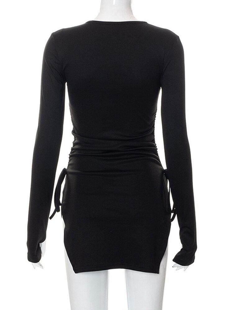 Mall Gothic Drawstring Bodycon Mini Dresses Y2k Punk Black Split Long Sleeve Dress Grunge Basic Partywear
