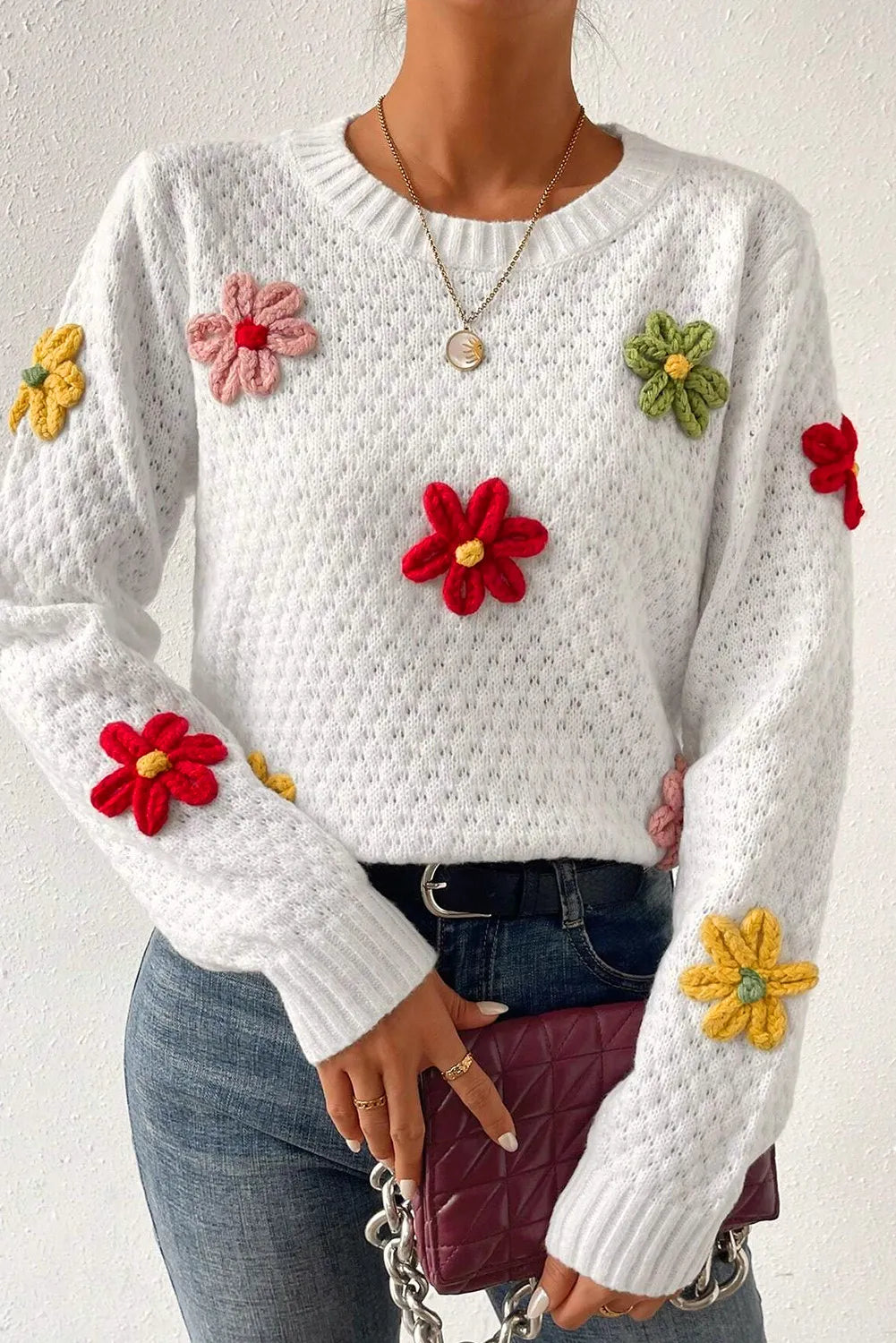 Mia® | Sweater with crocheted floral crew neck