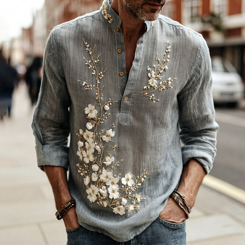 Men's Japanese-style Cherry Blossom Pattern Linen Blend Shirt elevenforest