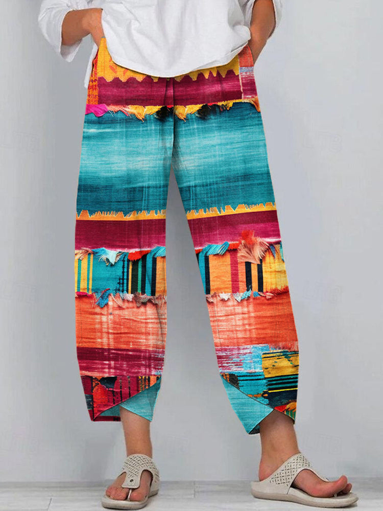 Boho Multicolor Patchwork Art Linen Blend Pants elevenforest