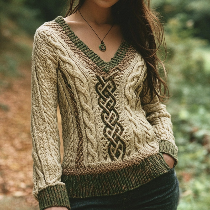 Vintage V-neck Knitted Two-tone Jacquard Irish Aran Sweater elevenforest