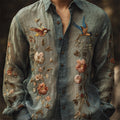 Men's Vintage Boho Birds Floral Embroidered Linen Shirt elevenforest