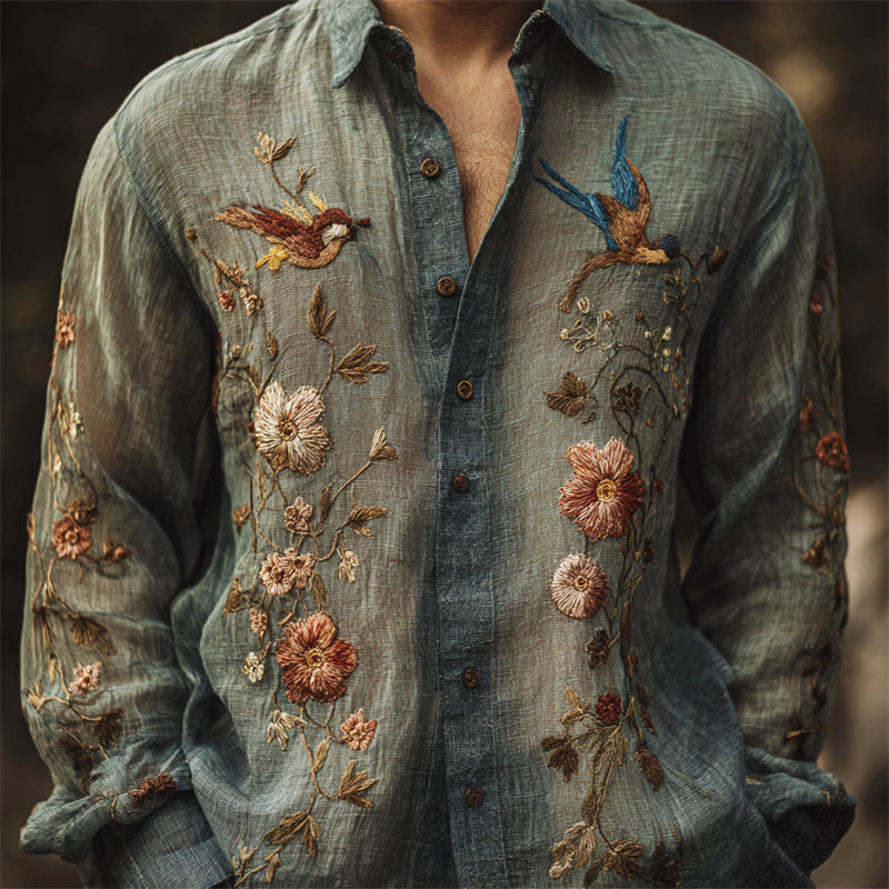 Men's Vintage Boho Birds Floral Embroidered Linen Shirt elevenforest