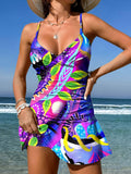V-Neck Colorful Leaves Summer Art Print Suspender Skirt Tankini Pantskirt Set Swimsuit