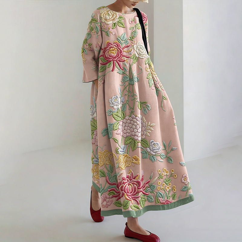 Comstylish Women's Vintage Japanese Floral Print Round Neck Linen Blend Midi Dress