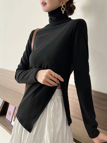 Skinny Long Sleeves Split-side Color High-neck T-shirts Tops