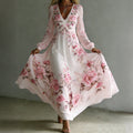 Women's Vintage Rose Printed Art V-neck Long Sleeve Maxi Dress elevenforest