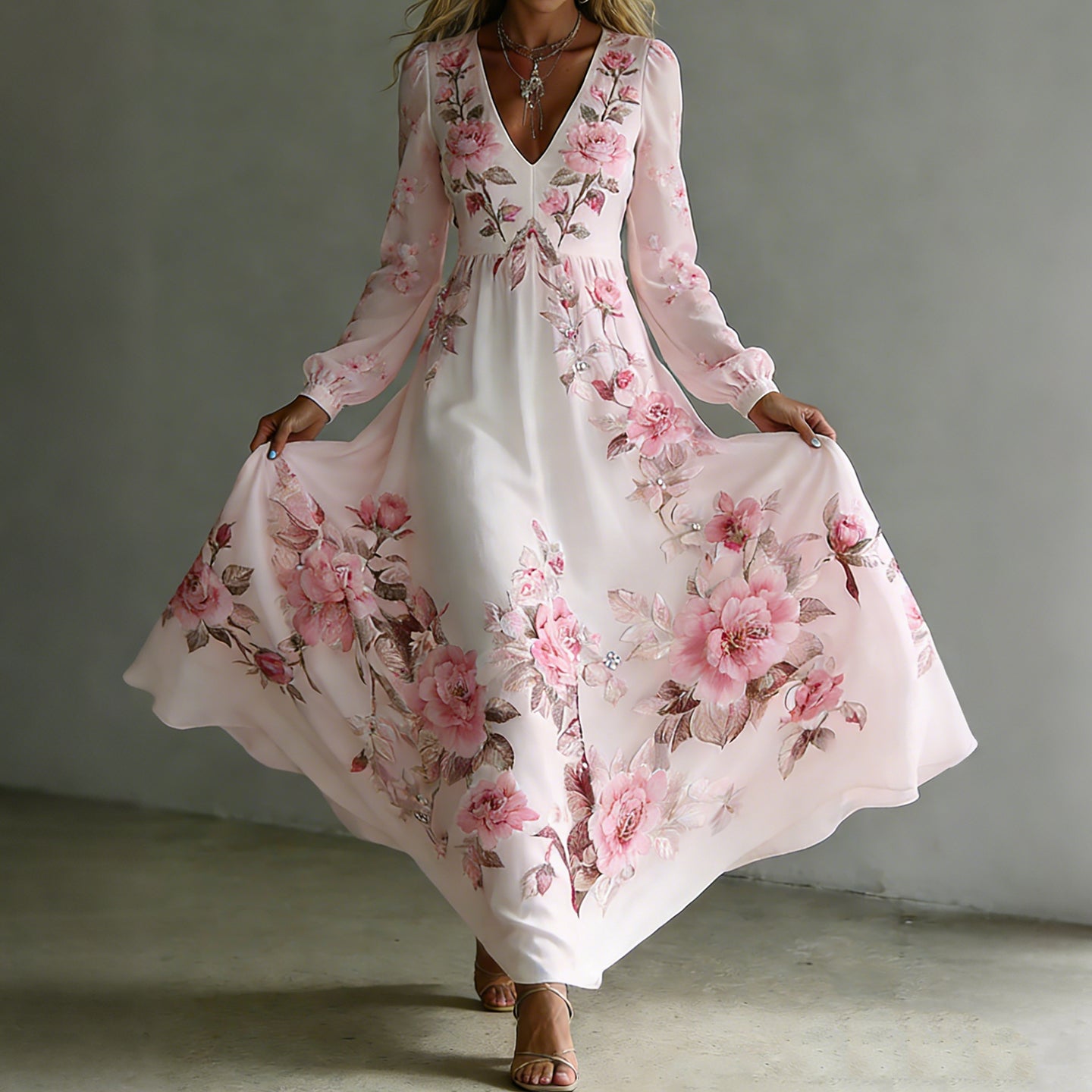 Women's Vintage Rose Printed Art V-neck Long Sleeve Maxi Dress elevenforest