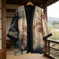 Japanese Flowers And Waves Art Linen Blend Kimono Cardigan elevenforest