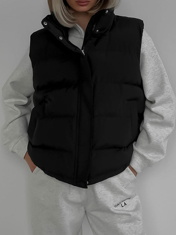 Loose Sleeveless Drawstring Split-joint Zipper Hooded Padded Vest