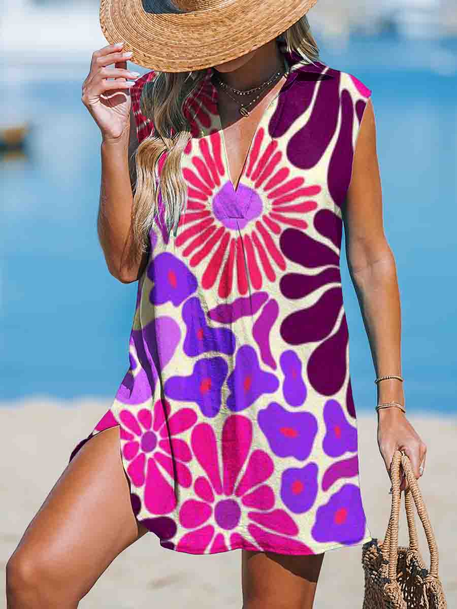 Women's Shirt Collar Sleeveless Abstract Print Beach Cover Up Dress