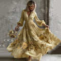 Women's Yellow Roses And Floral Art Print V-neck Long Sleeve Maxi Dress elevenforest