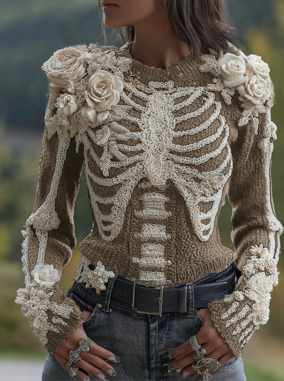 Women's Halloween Skeleton Bones With Roses Art Knitted Warm Sweater artswardrobe
