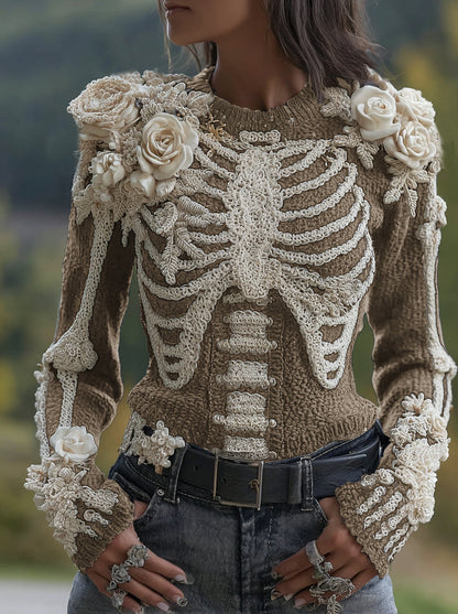 Women's Halloween Skeleton Bones With Roses Art Knitted Warm Sweater artswardrobe