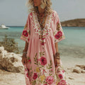 Women's Pink Rose Embroidery V-neck Short Sleeve Linen Blend Midi Dress elevenforest