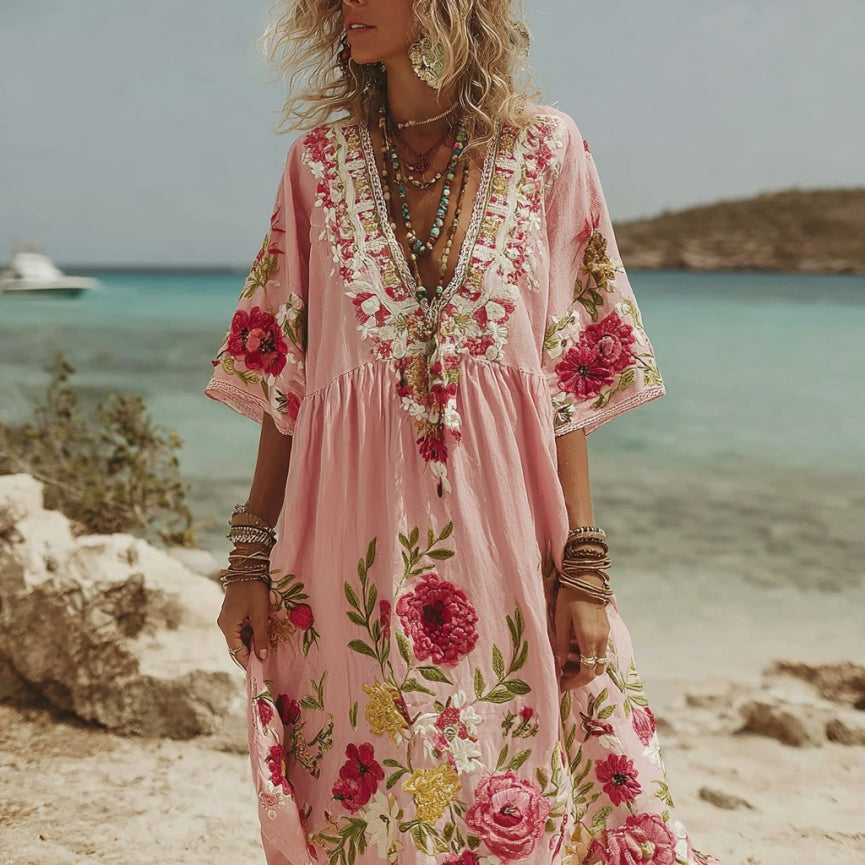 Women's Pink Rose Embroidery V-neck Short Sleeve Linen Blend Midi Dress elevenforest