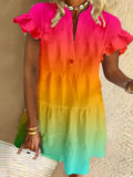 Color Gradient Ruffled Short-sleeved V-neck Buttoned Dress Vacation Beach Dress