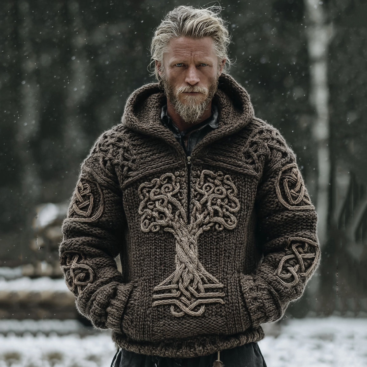 Men's Vintage Celtic Tree Of Life Jacquard Half Zip Aran Sweater elevenforest