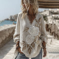 Vintage Boho White Roses Embroidered V Neck Linen Shirt elevenforest