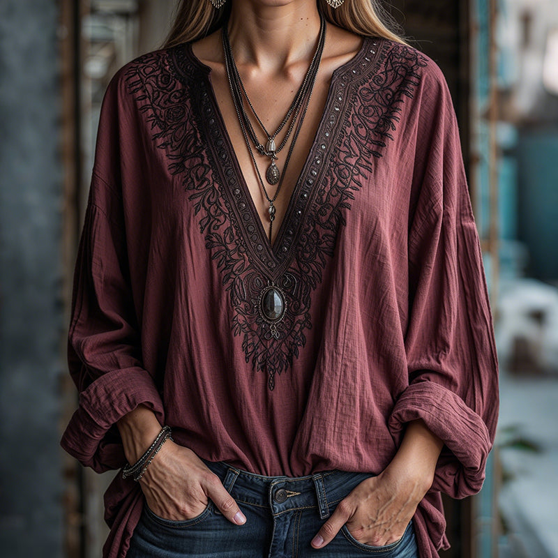 Women's Floral Art Print Linen Tops elevenforest