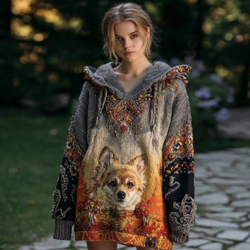 Comstylish Women's Vintage Dog Embroidered Hooded Sweater