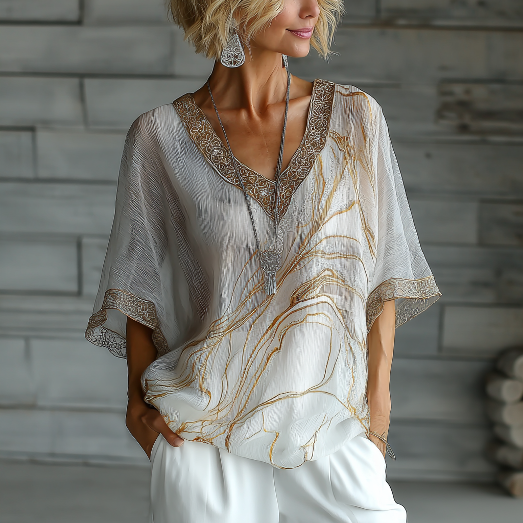Vintage Marble Texture Collection Bohemia Style Gradient  Gilded Pattern Linen V Neck Women‘s T-shirt elevenforest