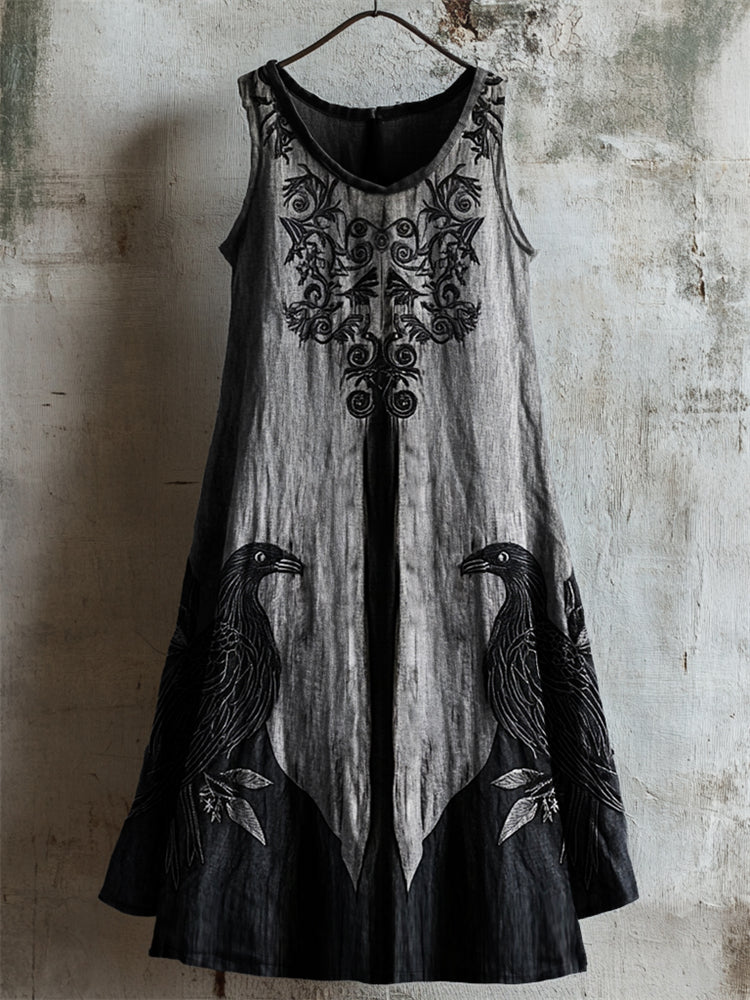Vintage Viking Celtic Raven Contrast Linen Tank Dress elevenforest