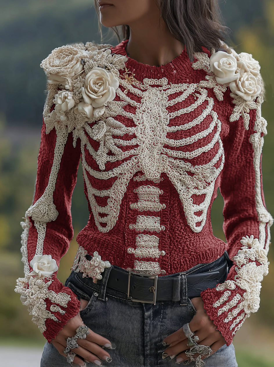Women's Halloween Skeleton Bones With Roses Art Knitted Warm Sweater artswardrobe