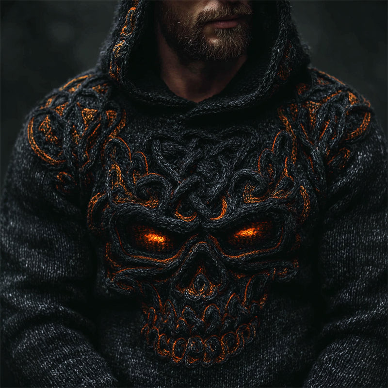 Men's Halloween Skull Celtic Knot Chunky Cozy Knit Hooded Sweater elevenforest