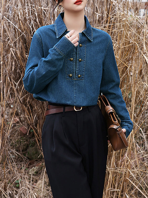 Long Sleeves Loose Buttoned Split-joint Lapel Blouses&shirts Tops
