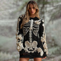 Comstylish Women's Halloween Skeleton Bones With White Rose Art Hot Sexy Style Cozy Knit Mini Sweater Dress