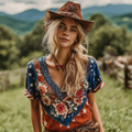 Women's Retro American Western Country Style Floral Embroidered Linen Blend V-neck T-shirt elevenforest