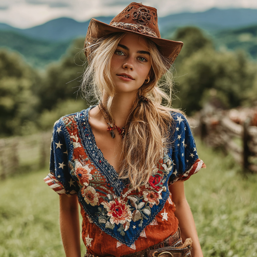 Women's Retro American Western Country Style Floral Embroidered Linen Blend V-neck T-shirt elevenforest