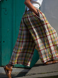 Women's Vintage Plaid Linen Blend Casual Pants elevenforest