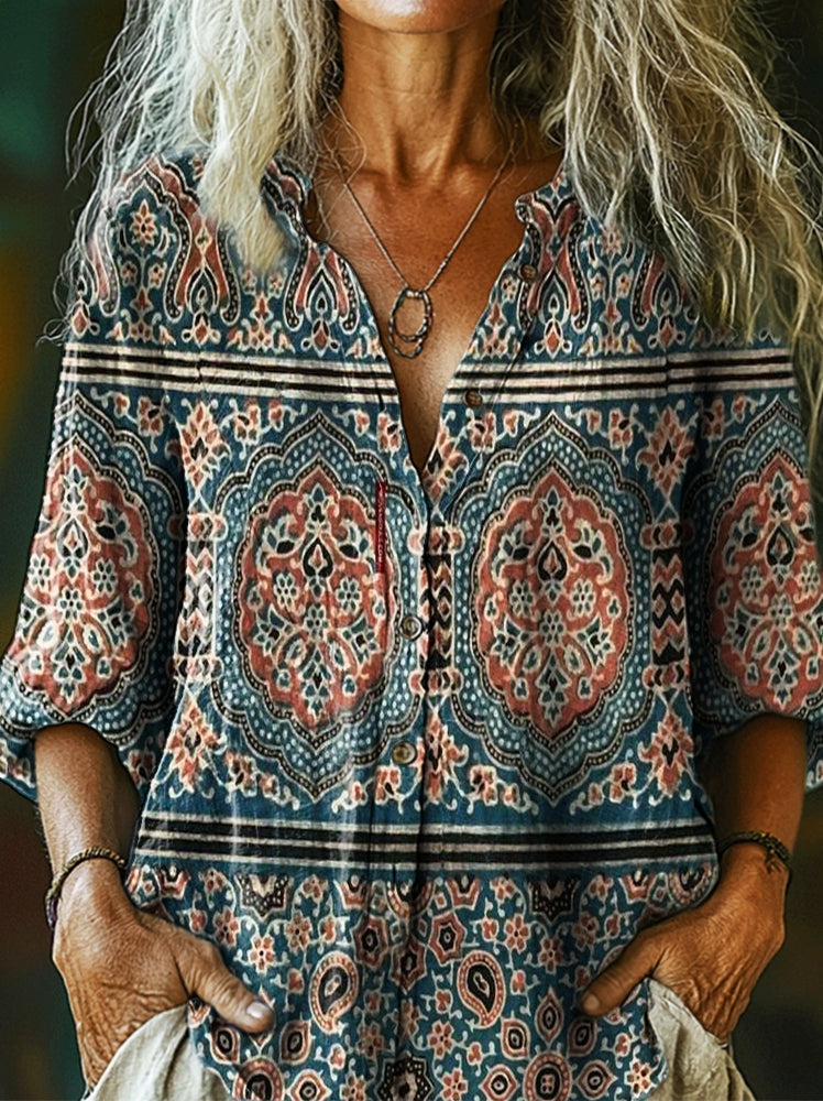 Women's Vintage Ethnic Floral Collage Art Print Casual Cotton Linen Sh
