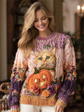 Thanksgiving Pumpkin & Cat Ombre Women's Knit Sweater elevenforest