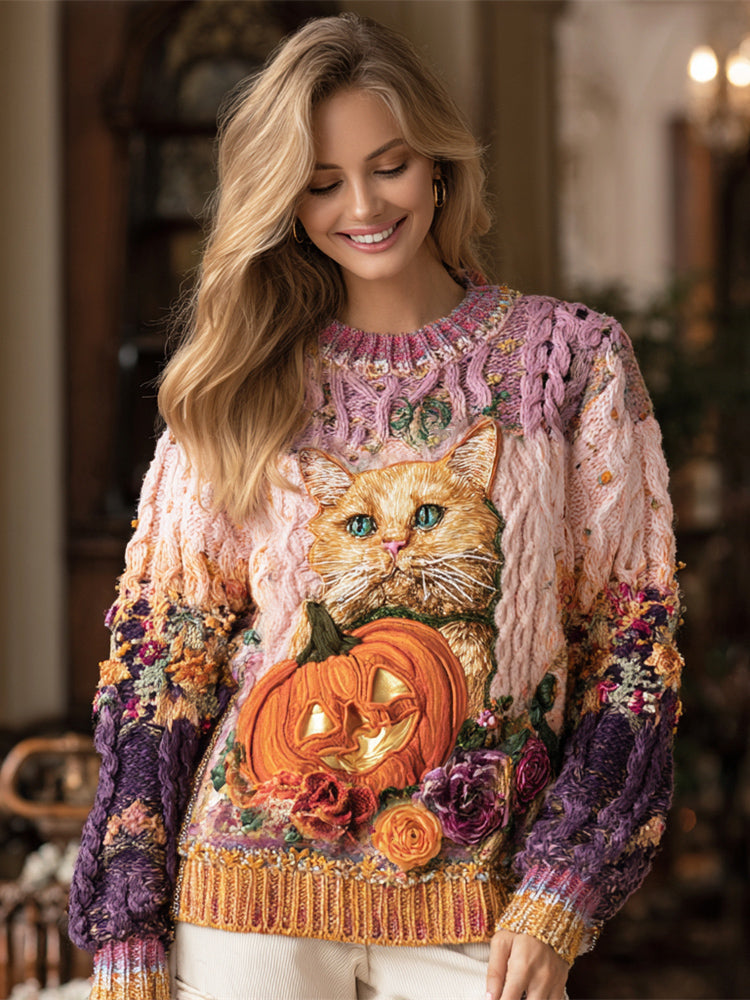 Comstylish Thanksgiving Pumpkin & Cat Ombre Women's Knit Sweater