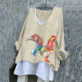 Retro Colored Cock Embroidered Art Linen Tunic elevenforest