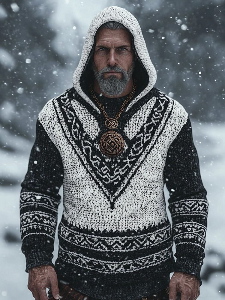 Men's Vintage Viking Contrast Color Cozy Knit Hooded Sweater elevenforest