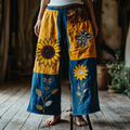 Vintage Bohemian Sunflower Patchwork Art Printed Cotton Linen Wide Leg Pants elevenforest