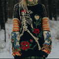 Comstylish Women's Halloween Skull Floral Pattern Knitted Turtleneck Sweater